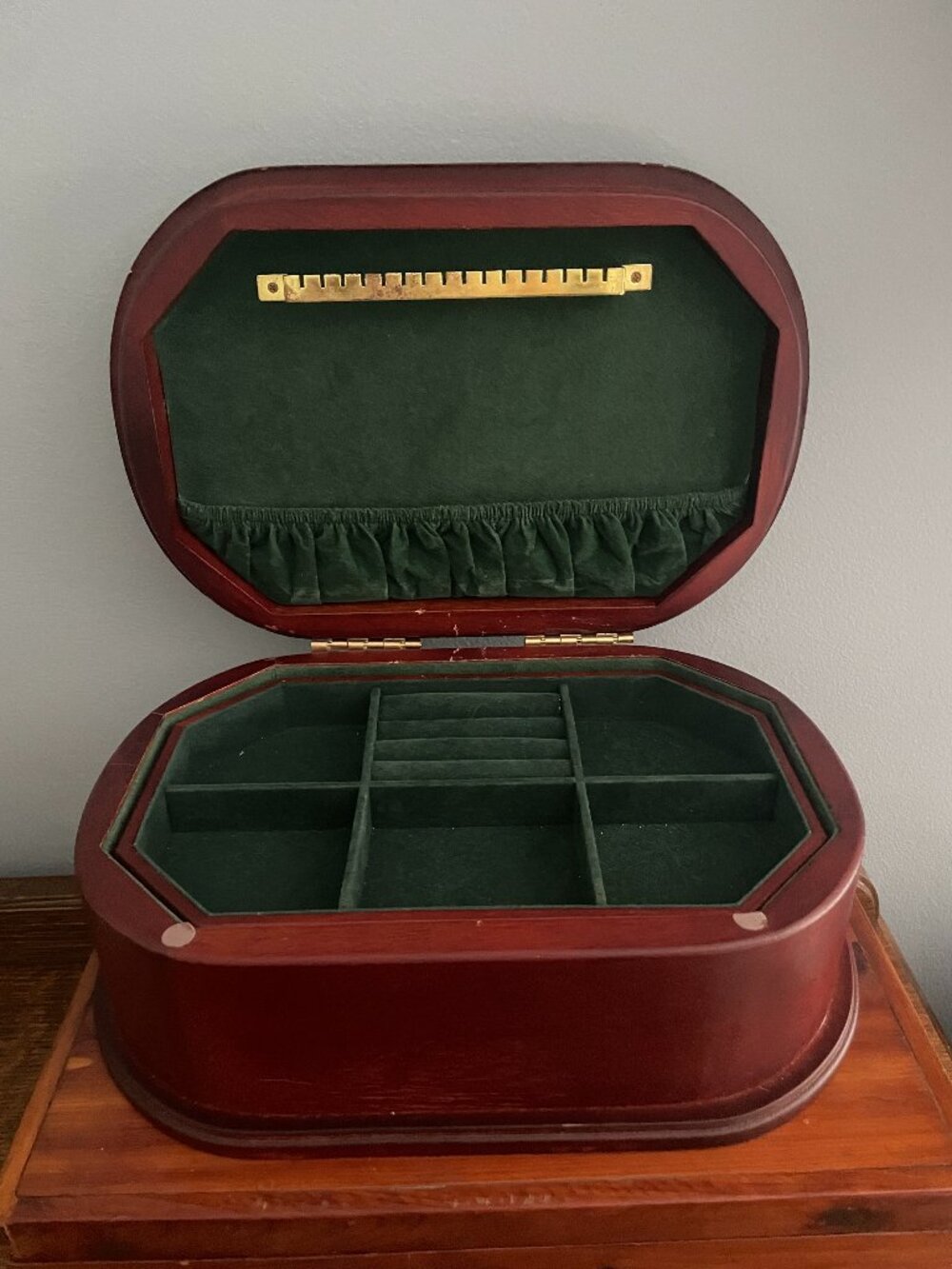 Vintage Oval Wooden Jewelry Organizer with Green Velvet Shelf
